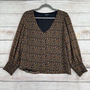 Madewell Georgette Smocked-Cuff Button-Front‎ Shirt Women's 14 Folktale Paisley